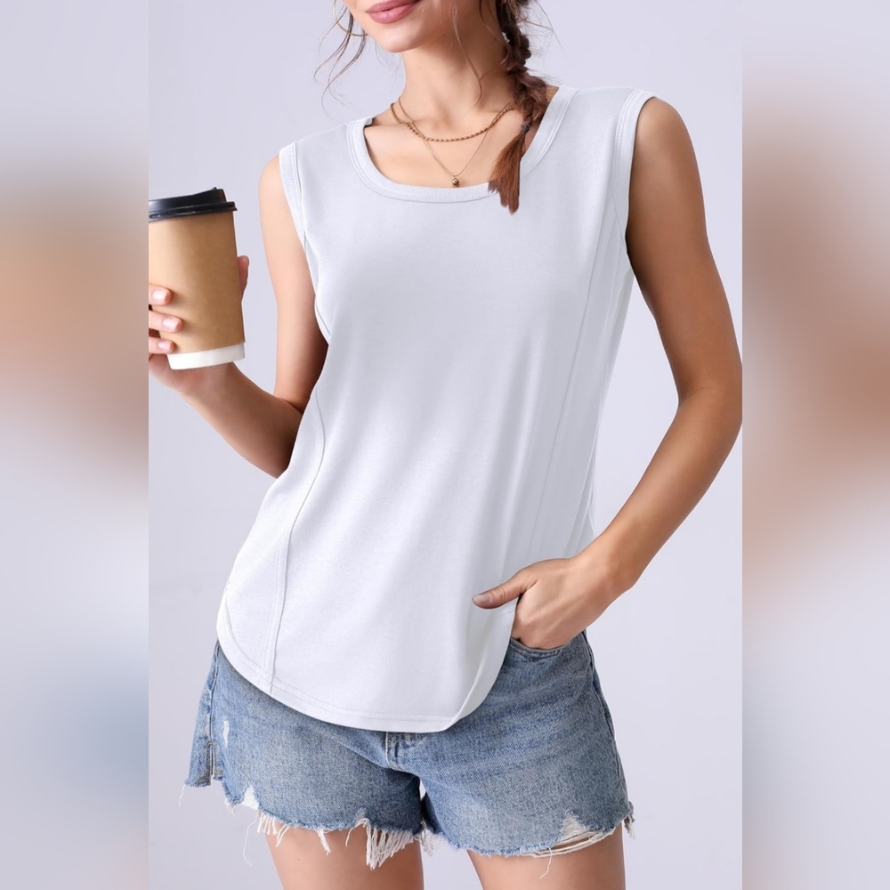 White Tank Tops Loose Fit Crew Neck Casual Summer Sleeveless 2XL